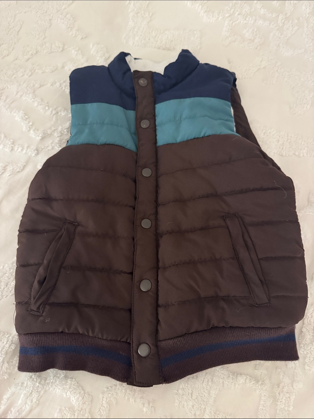Tommy Bahama Boys Brown Puffer Vest with Navy and Teal Panels
